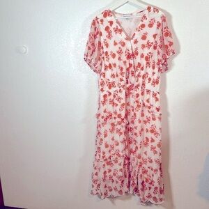 Gibson Latimer Orange Floral Asymmetrical Ruffle Midi Dress Size XXL